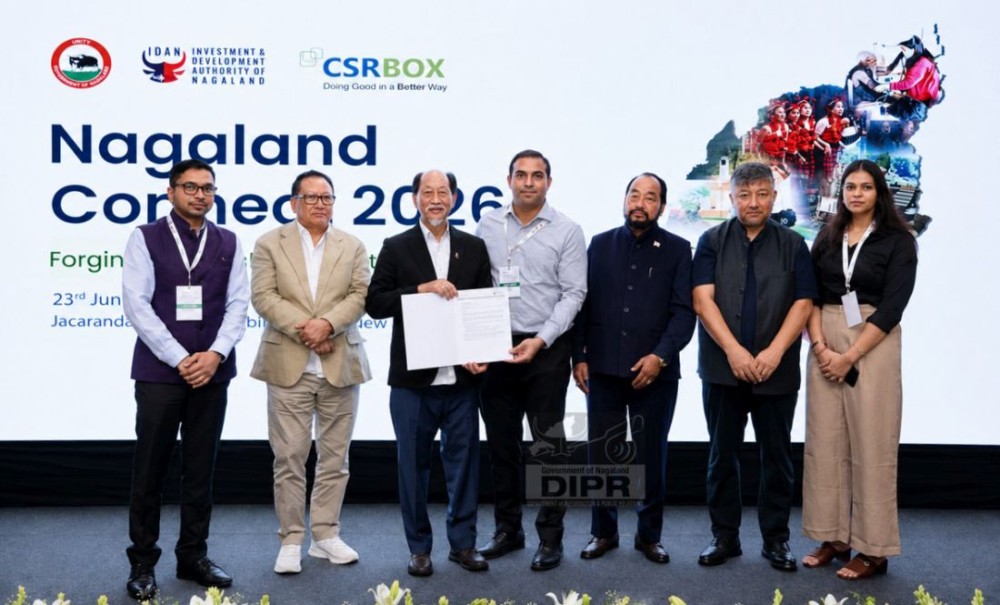 Chief Minister Dr Neiphiu Rio, flanked by Deputy CMs TR Zeliang and Y Patton, during the handover of 15 Letters of Interest and CSR commitments to IDAN at Nagaland Connect 2026, a CSR conclave organised by IDAN at the India Habitat Centre, New Delhi, on June 23. (DIPR Photo)